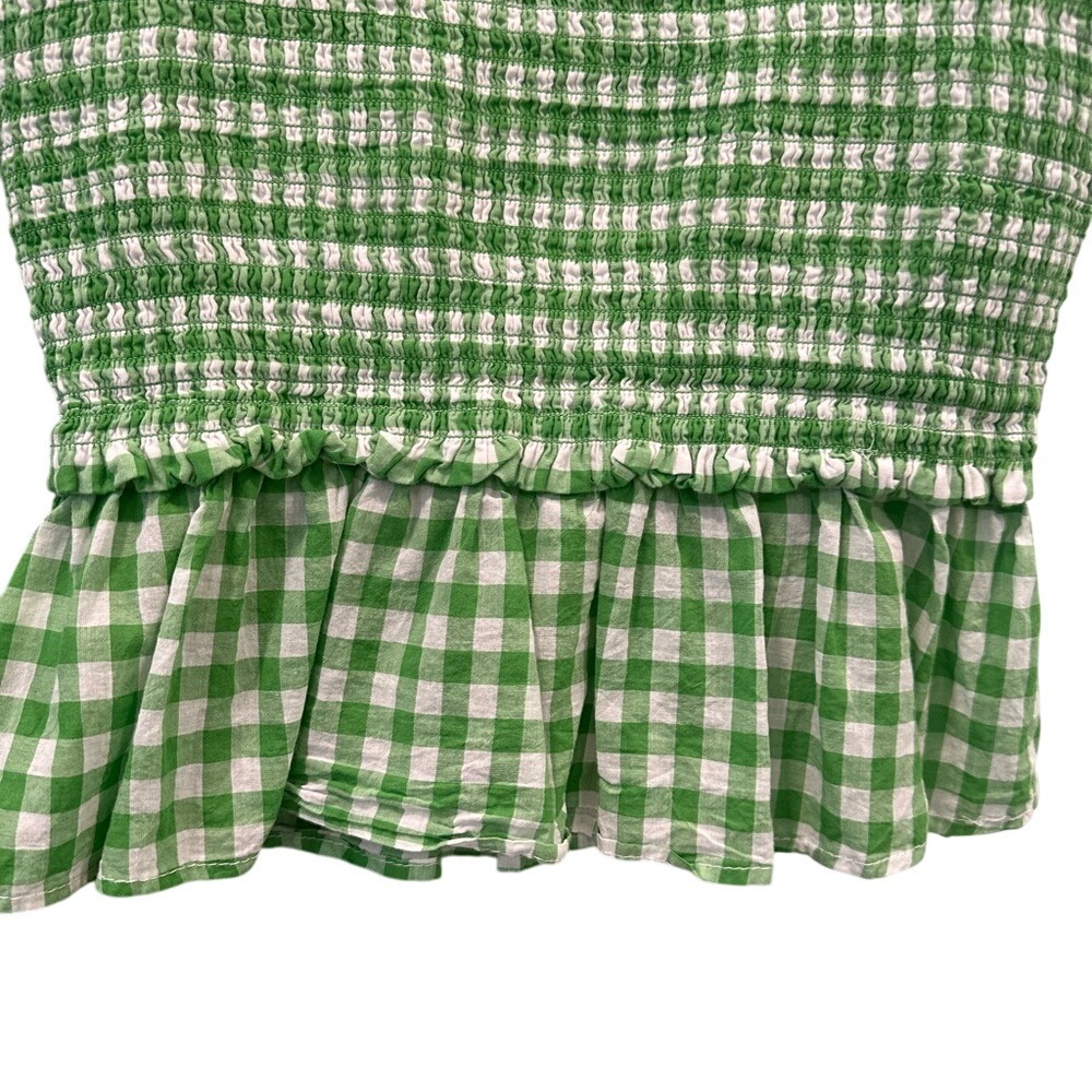 Green Gingham Smocked Ruffle Sleeve Top Cottagecore Summer Blouse - Picture 5 of 7